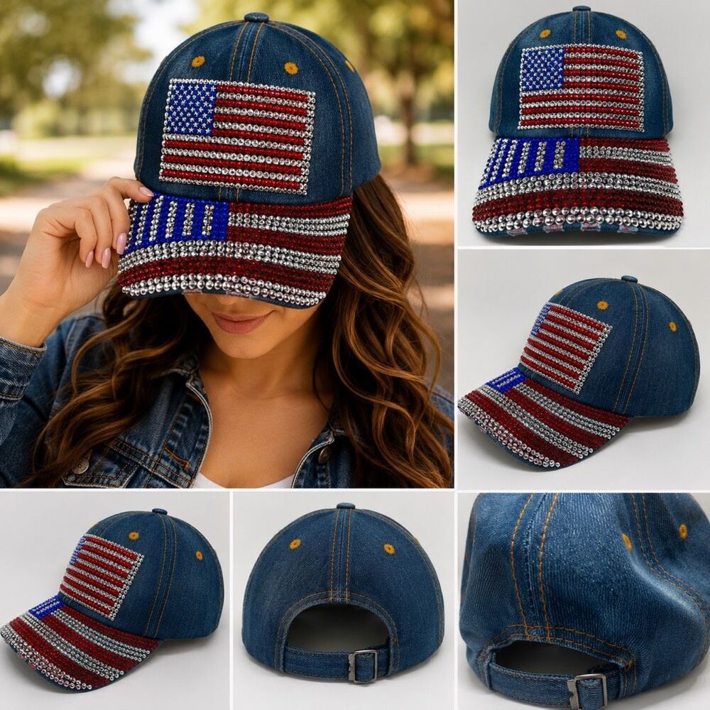 Rhinestone Butterfly Denim Baseball Cap Adjustable Bling Hat